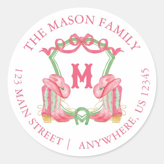 Waterverf Kerst Cowboy Laarzen Monogram Crest Ronde Sticker (Voorkant)