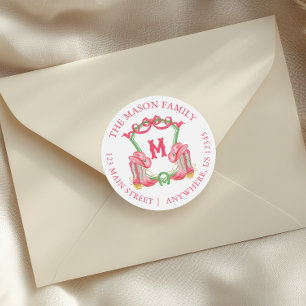 Waterverf Kerst Cowboy Laarzen Monogram Crest Ronde Sticker