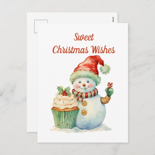 Waterverf Kerst cupcake sneeuwpop tekst toevoegen Feestdagenkaart (Voorkant / Achterkant)