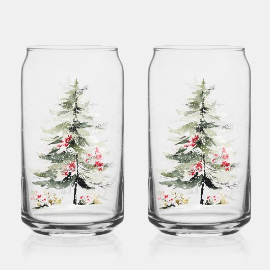 Waterverf Kerst Dennenbomen Blikvorm Glas (Voorkant)