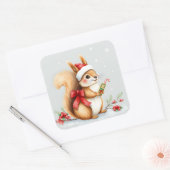 Waterverf kerst eekhoorn met snoepriet vierkante sticker (Envelop)