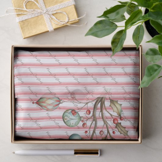 Waterverf Kerst Elegant Script Roze Strepen Tissuepapier (Geschenk)