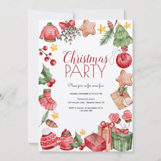 Waterverf Kerst elementen feest Kaart (Voorkant)