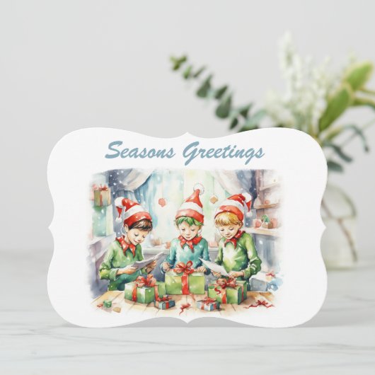 waterverf Kerst elf inpakgeschenken tekst toevoege Feestdagenkaart (Staand voorkant)