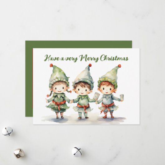 Waterverf Kerst elf tekst toevoegen Feestdagenkaart (Voorkant / Achterkant in situ)