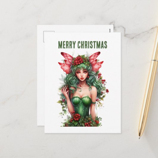 waterverf Kerst Fairy fantasy Feestdagenkaart (Voorkant / Achterkant in situ)