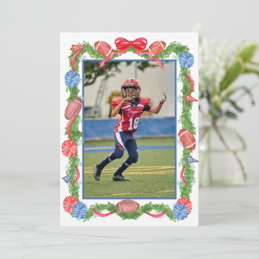 Waterverf Kerst Football Garland & Tree Foto Feestdagenkaart (Staand voorkant)