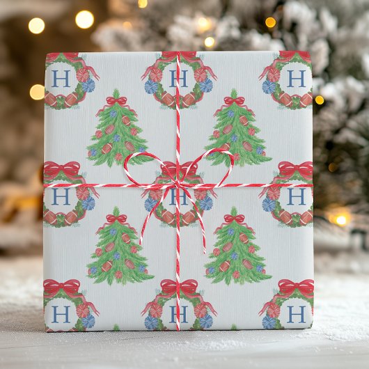Waterverf Kerst Football Monogram kransboom Cadeaupapier