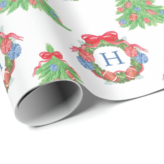 Waterverf Kerst Football Monogram kransboom Cadeaupapier (Rol Hoek)