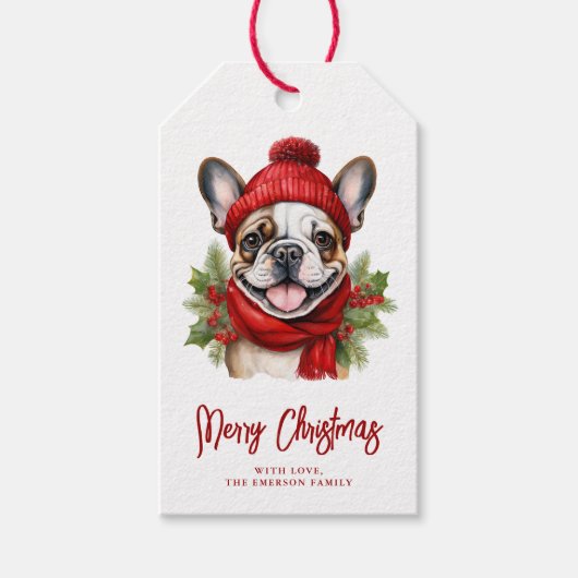 Waterverf Kerst Franse Bulldog Cadeaulabel (Voorkant)