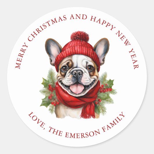 Waterverf Kerst Franse Bulldog Ronde Sticker (Voorkant)