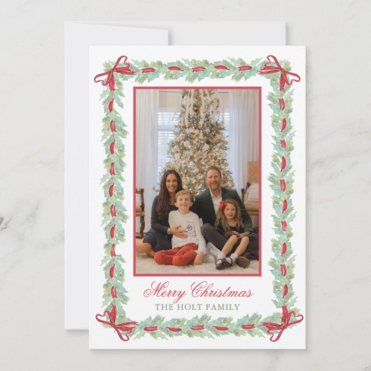 Waterverf Kerst Garland, Bogen & Snoep Foto Feestdagenkaart (Voorkant)