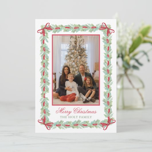 Waterverf Kerst Garland, Bogen & Snoep Foto Feestdagenkaart (Staand voorkant)