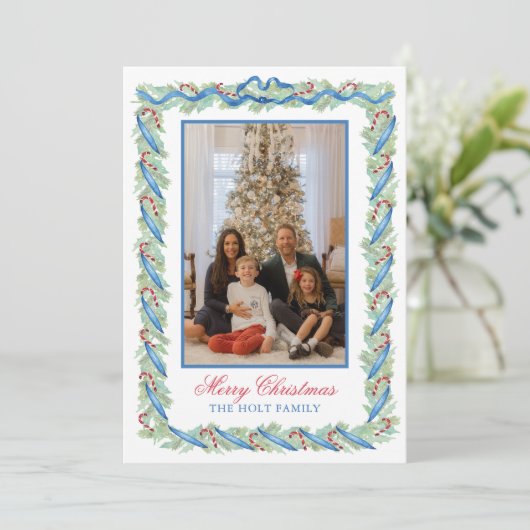 Waterverf Kerst Garland & Candy Canes Foto Feestdagenkaart (Staand voorkant)