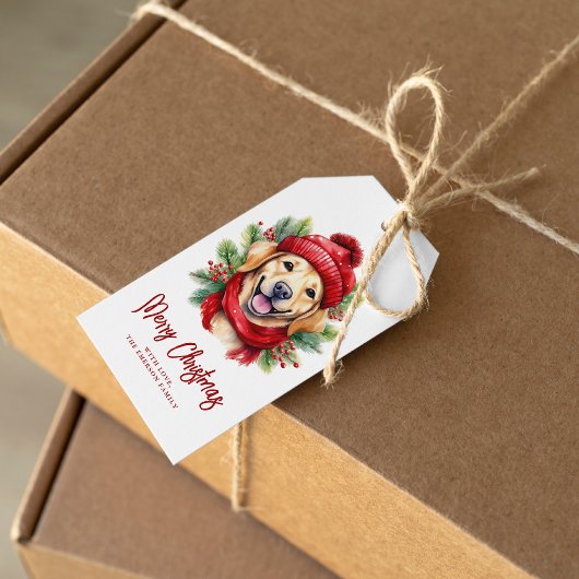 Waterverf Kerst Gele Labrador Hond Cadeaulabel