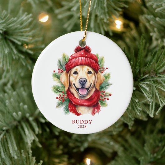 Waterverf Kerst Gele Labrador Hond Foto Keramisch Ornament (Boom)