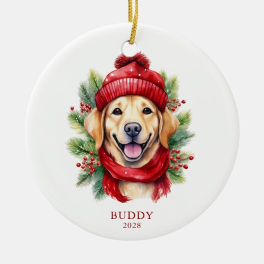 Waterverf Kerst Gele Labrador Hond Foto Keramisch Ornament (Voorkant)