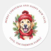 Waterverf Kerst Gele Labrador Hond Ronde Sticker (Voorkant)