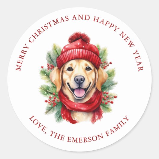 Waterverf Kerst Gele Labrador Hond Ronde Sticker (Voorkant)