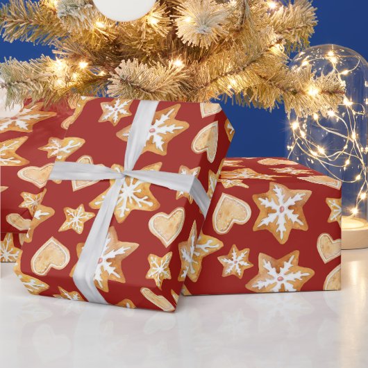 Waterverf Kerst Gingerbread Koekjes Rood  Cadeaupapier (Feestdagen)