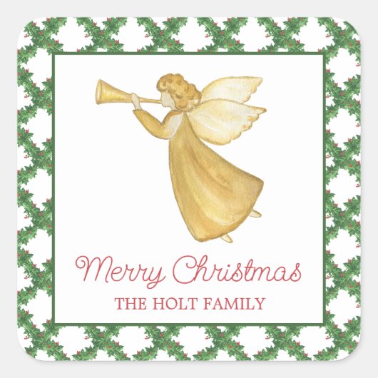 Waterverf Kerst Golden Angel Gift Enclosure Vierkante Sticker (Voorkant)