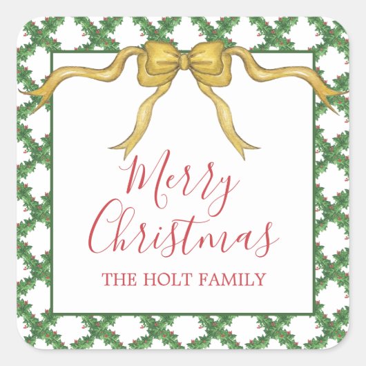 Waterverf Kerst Golden Bow Gift Enclosure Vierkante Sticker (Voorkant)