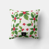 Waterverf Kerst Holly Berry Monogrammed Kussen (Achterkant)