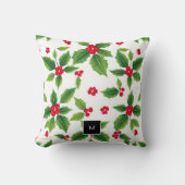 Waterverf Kerst Holly Berry Monogrammed Kussen (Voorkant)