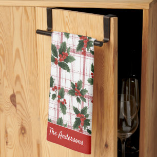 Waterverf Kerst Holly Bes Plaid Familienaam Theedoek