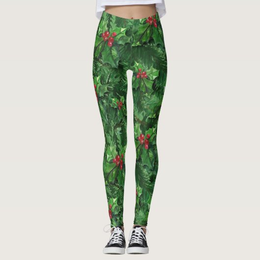 Waterverf Kerst Holly Bessen Leggings (Voorkant)