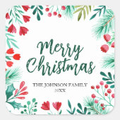 Waterverf Kerst Holly en bessen familie Vierkante Sticker (Voorkant)
