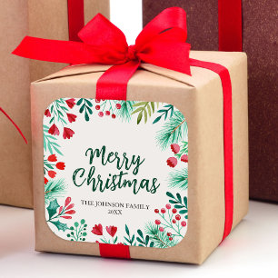 Waterverf Kerst Holly en bessen familie Vierkante Sticker