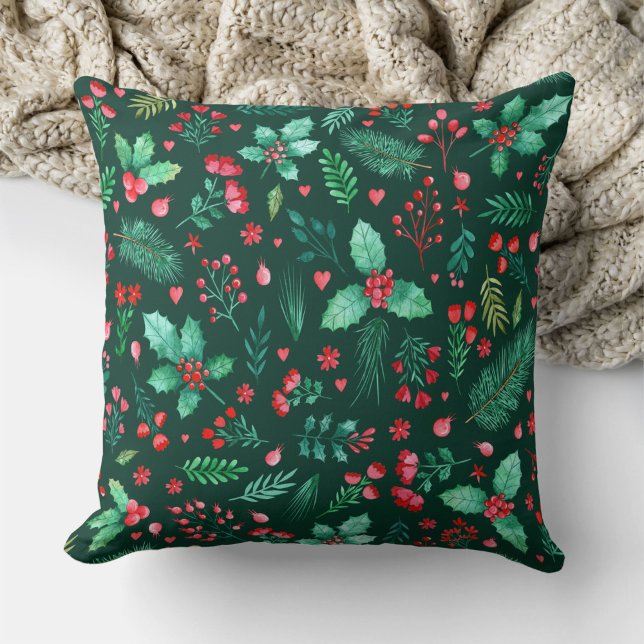 Waterverf Kerst Holly Red Berries Bloemen Kussen (Watercolor Christmas Holly with Winter Botanicals Throw Pillow)