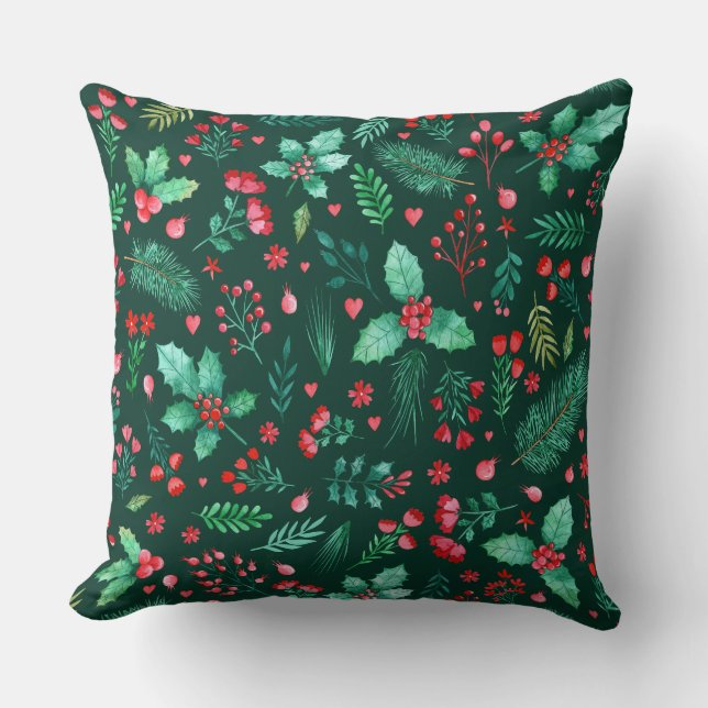 Waterverf Kerst Holly Red Berries Bloemen Kussen (Voorkant)