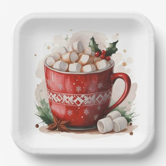 Waterverf Kerst Hot Chocolate Papieren Bordje (Voorkant)