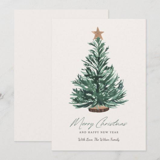 Waterverf Kerst Kaart Groene Boom met Star (Voorkant / Achterkant)