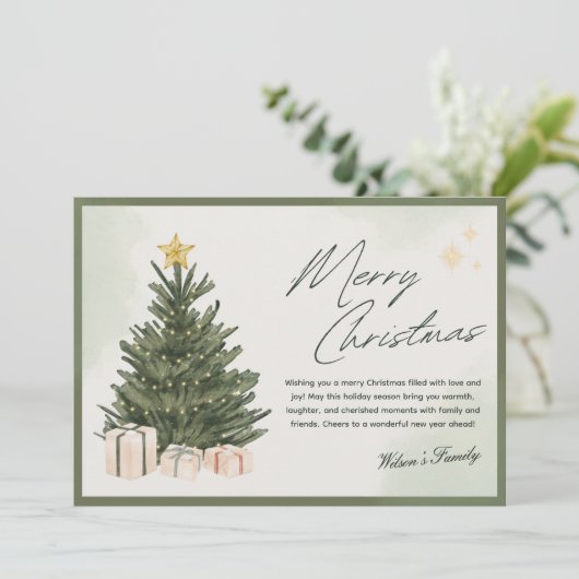 Waterverf Kerst Kaart Groene Kerstboom (Staand voorkant)