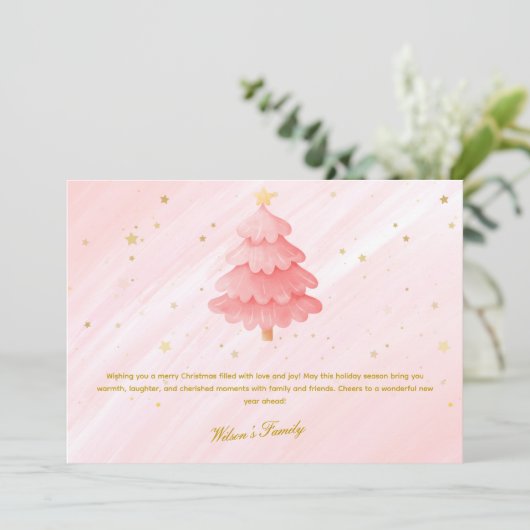 Waterverf Kerst Kaart Roze Gouden Kerstboom (Staand voorkant)