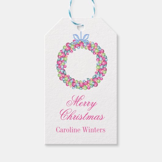 Waterverf Kerst Kleurrijke Baubles Krans Cadeaulabel (Voorkant)