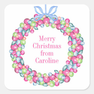 Waterverf Kerst Kleurrijke Baubles Krans Vierkante Sticker
