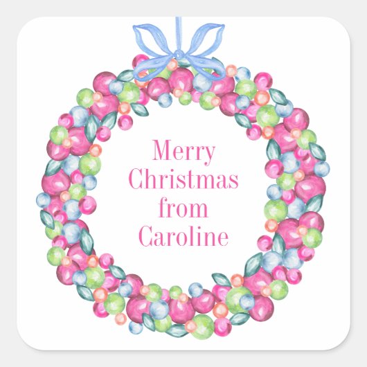 Waterverf Kerst Kleurrijke Baubles Krans Vierkante Sticker (Voorkant)