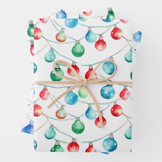 Waterverf Kerst Kleurrijke String Lights Inpakpapier Vel (In situ)