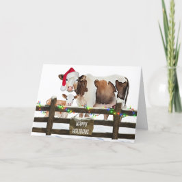 Waterverf Kerst Koeien met Santa Hat Feestdagen Kaart
