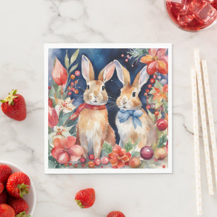 Waterverf Kerst Konijnen Bloemen Servet