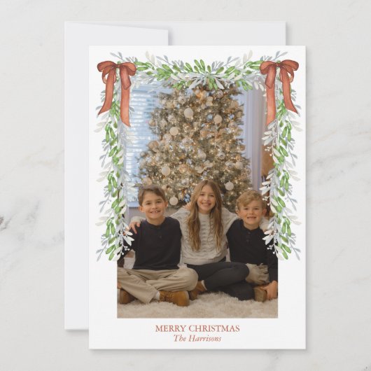 Waterverf Kerst Koper Bow Garland Feestdagenkaart (Voorkant)