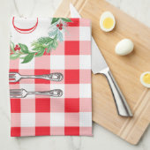Waterverf Kerst Krans MONOGRAM Rode Check Theedoek (Quarter Fold)