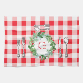 Waterverf Kerst Krans MONOGRAM Rode Check Theedoek