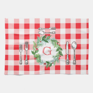 Waterverf Kerst Krans MONOGRAM Rode Check  Theedoek