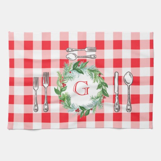 Waterverf Kerst Krans MONOGRAM Rode Check Theedoek (Horizontaal)