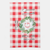 Waterverf Kerst Krans MONOGRAM Rode Check Theedoek (Verticaal)